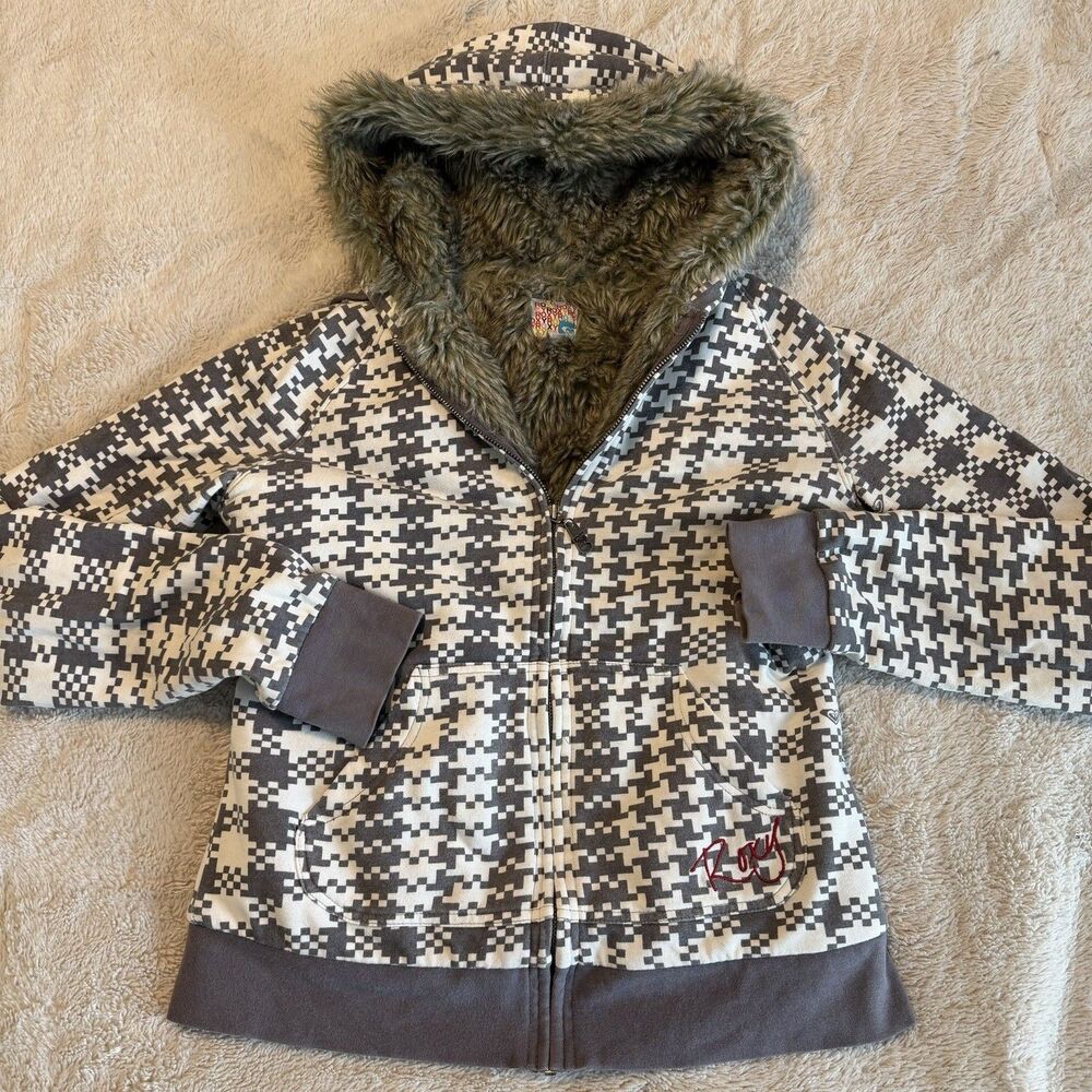 Roxy Y2K Fur Lined Full Zip Hooded Jacket Hoodie Size XL Womens